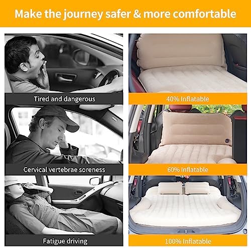 KMZ SUV Air Mattress Thickened and Double-Sided Flocking Travel Camping Bed with 2 Pillows & Electric Pump Dedicated Mobile Cushion Inflatable Bed for SUV Trunk and Rear Seat (Beige and Coffee)