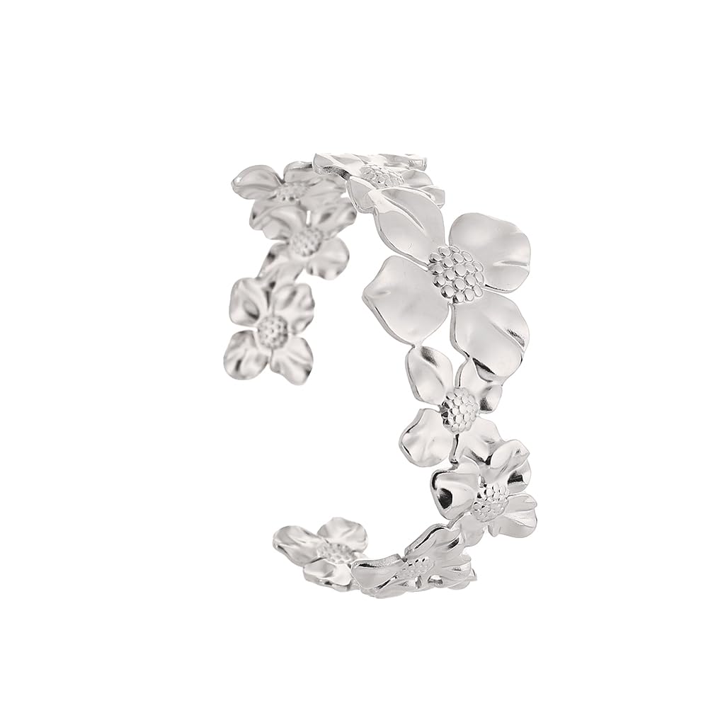 YWMAN Silver Flower Cuff Bracelet, Metallic Floral Chunky Bracelet for Women (Flower 1)
