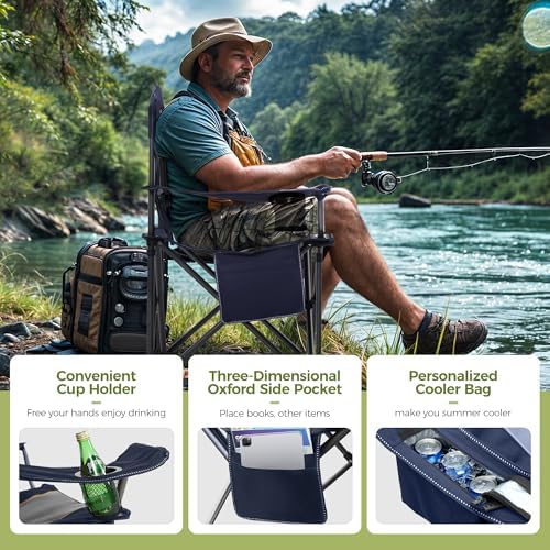 ALPHA CAMP Oversized Camping Folding Chair Heavy Duty with Cooler Bag Support 450 LBS Steel Frame Collapsible Padded Arm Quad Lumbar Back Chair Portable for Lawn Outdoor,Blue