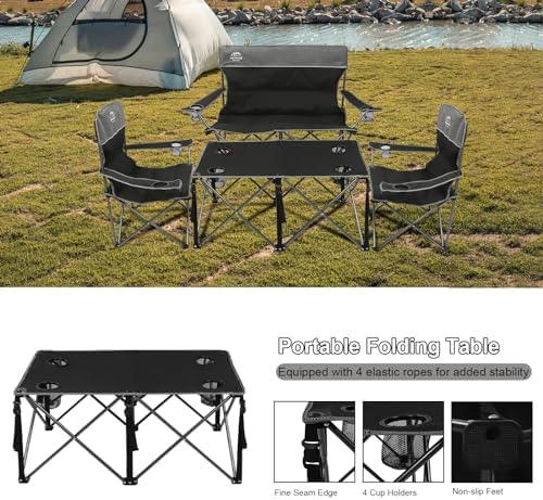 Oversized 4 Pcs Camping Chair Set with Table,Outdoor Folding Heavy Duty Lawn Chair,Cup Holder,Portable,Loveseat Chair Perfect for Family Hiking,Picnics and Beach Trips,Black