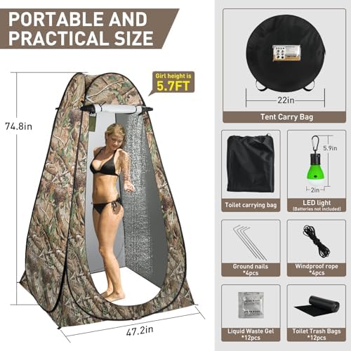 Portable Camping Toilet with Pop-Up Privacy Tent, 12-inch Toilet Seat, Outdoor Portable Folding Toilet Potty for Adults Load Capacity of 400 Lbs, LED-Light Camping Bathroom