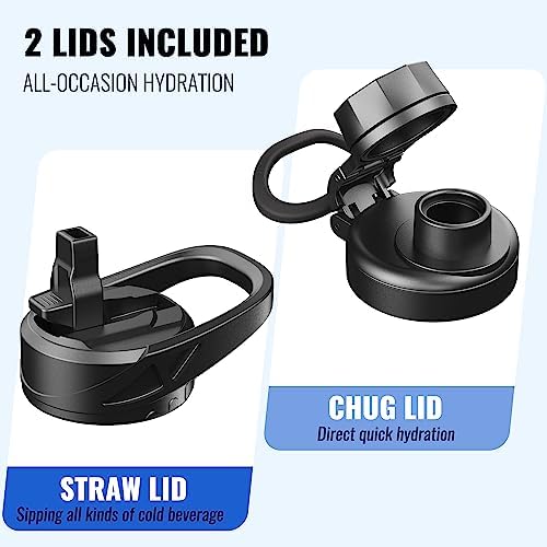 CIVAGO 40 oz Glass Water Bottle with Straw and Handle, Large Sports Motivational Water Bottle Flask with Time Marker and 2 Lids, Leakproof Water Jug Canteen with Silicone Sleeve for Gym,Navy