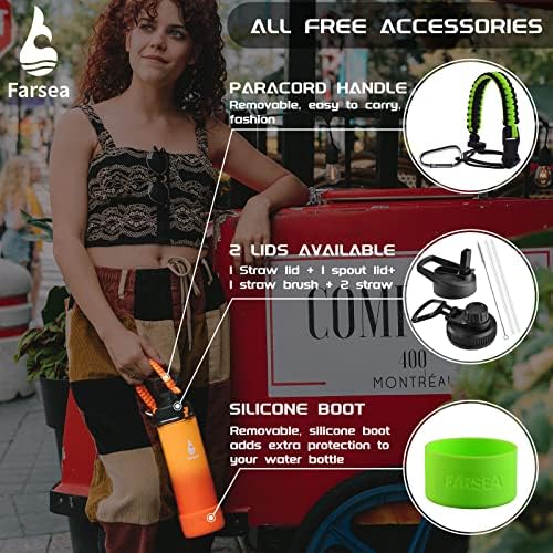 Farsea Insulated Water Bottle With Paracord Handle, Protective Silicone Boot and 2 Lids (Straw Lid & Spout Lid), Stainless Steel Water Bottle Wide Mouth, Double Wall Sweat-Proof BPA-Free, 32 oz