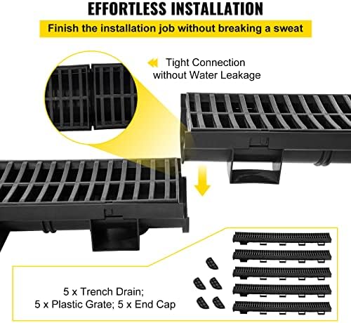VEVOR Trench Drain System, Channel Drain with Plastic Grate, 5.7x3.1-Inch HDPE Drainage Trench, Black Plastic Garage Floor Drain, 5x39 Trench Drain Grate, with 5 End Caps, for Garden, Driveway-5 Pack
