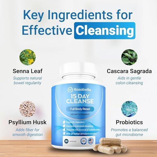 Rosabella 15 Day Cleanse – Full Body Detox & Colon Cleanse for Men & Women – Gut Cleanse Detox Pills for Digestive Health & Bloating Relief – Doctor-Formulated, Non-GMO, 30 Vegan Capsules