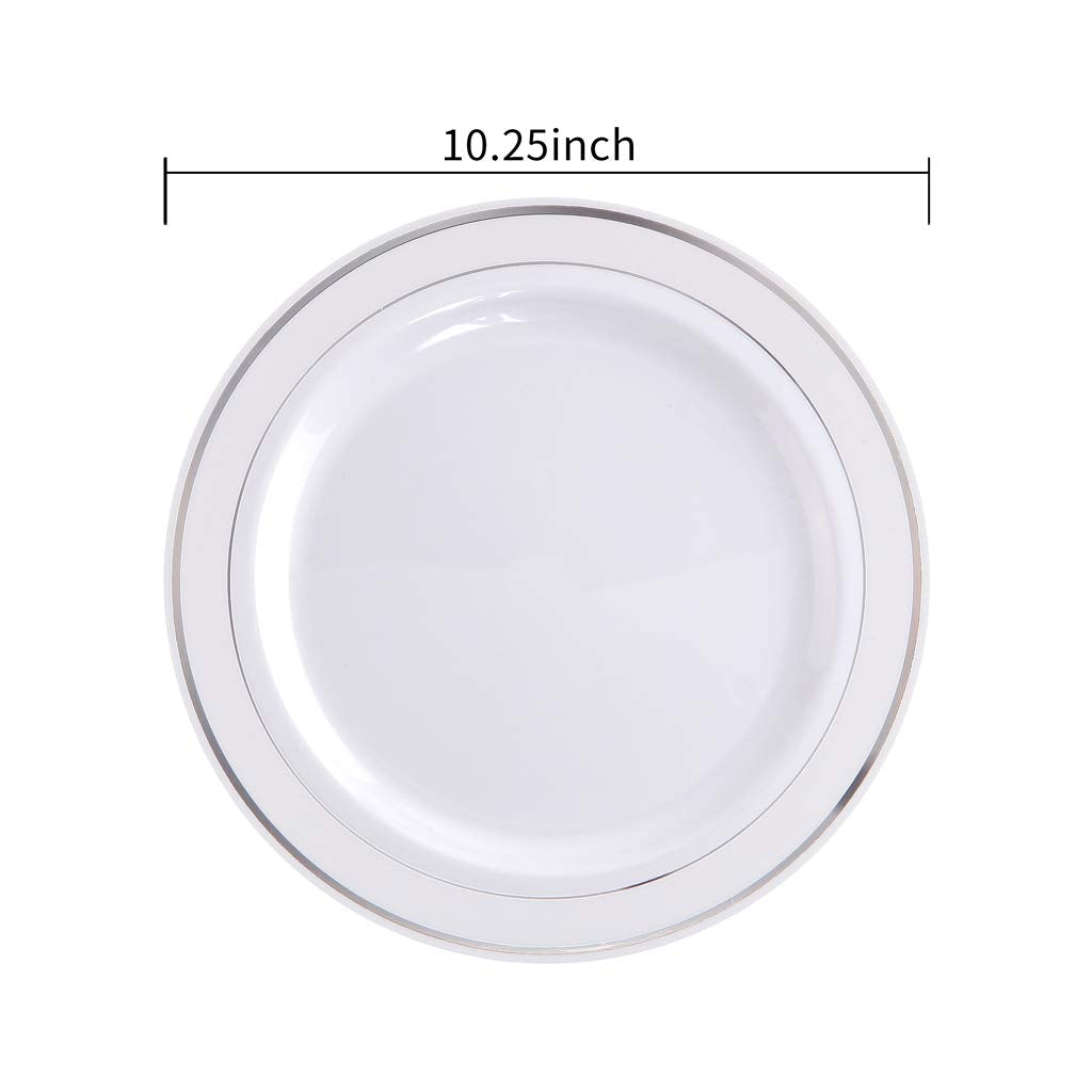 bUCLA 100Pieces Silver Plastic Plates - 10.25inch Silver Rim Disposable Dinner Plates - Ideal for Weddings, Parties & Christmas