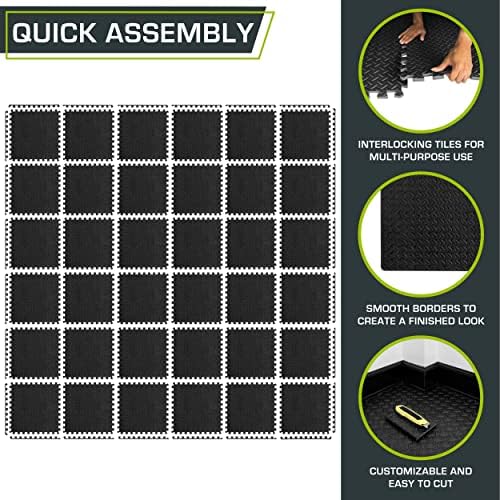 ProsourceFit Puzzle Exercise Mat ½ in, EVA Interlocking Foam Floor Tiles for Home Gym, Mat for Home Workout Equipment, Floor Padding for Kids, Black, 24 in x 24 in x ½ in, 48 Sq Ft - 12 Tiles