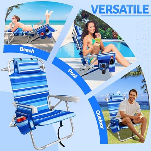 Beach Chairs for Adults with 5 Positions, Folding Backpack Beach Chair with Cooler & Storage Pouch, Portable Camping Chair with Cup Holder, Towel Bar, Lay Flat Camp Chair Support to 350LBS