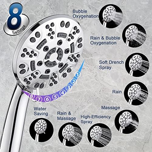 Cobbe High Pressure 8 Functions Shower Head with handheld - Powerful Detachable Shower Head Set for Low Water Pressure - Tool-less 1-Min Installation, Extra Long 60" Stainless Steel Hose (Chrome)