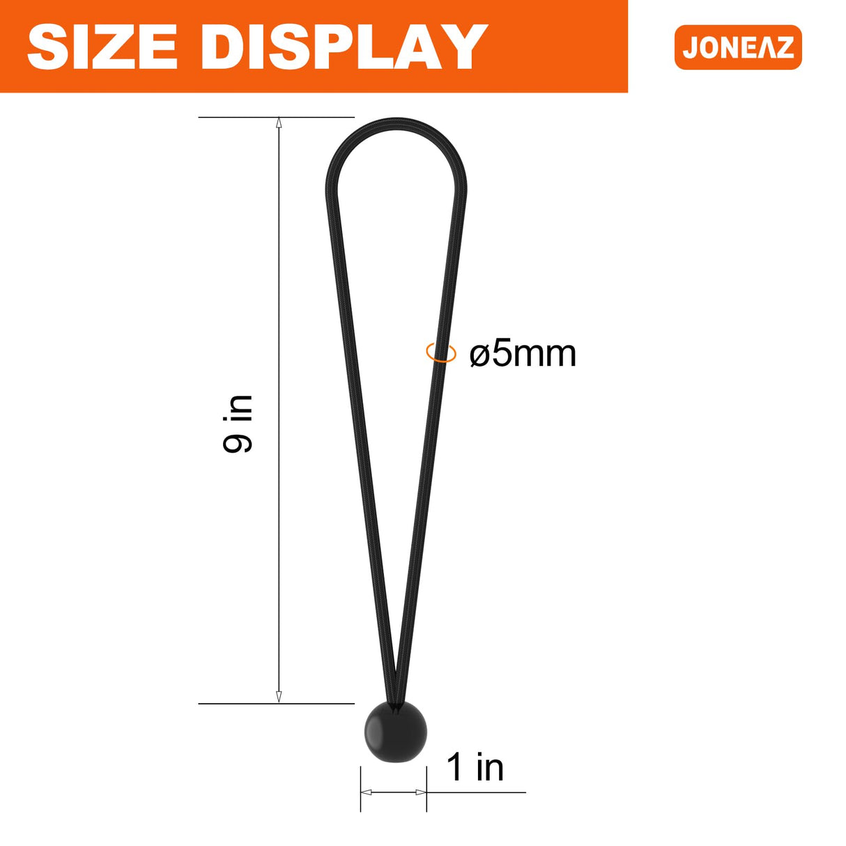 Joneaz Ball Bungee Cords 9 inch Black, Real Latex Bungee Cord, Stretch to 20 inch, 50-Piece
