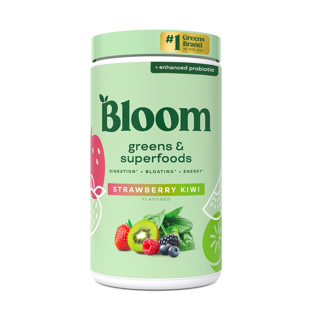 Bloom Nutrition Superfood Greens Powder, Digestive Enzymes with Probiotics and Prebiotics, Gut Health, Bloating Relief for Women, Chlorella, Green Juice Mix w Beet Root Powder, 60 SVG, Strawberry Kiwi