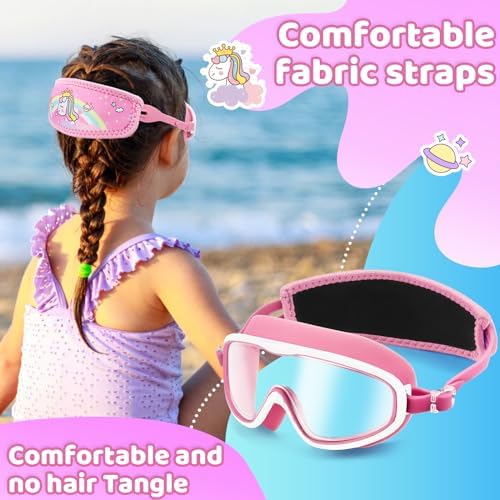 Vvinca Kids Swim Goggles for Age 2-8, Toddler-Goggles with Fabric Strap No Leak Pain-Free, Anti-Fog Goggles for Girls Boys