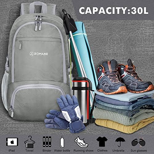 ZOMAKE Lightweight Packable Backpack 30L, Foldable Hiking Backpacks Water Resistant Compact Folding Daypack for Travel(Sliver Grey)
