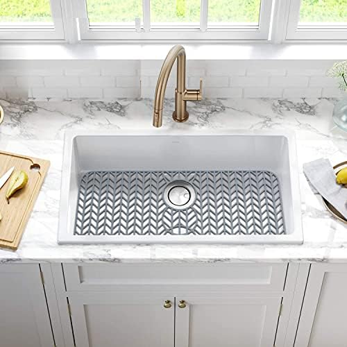 AWOKE Sink Protectors for Kitchen Sink - 29"x 15.35" Sink Mat - Heat-resistant Easy-clean Silicone Sink Mat - for Protection of Stainless Steel Sink - with 3 Reserved Holes (Grey)