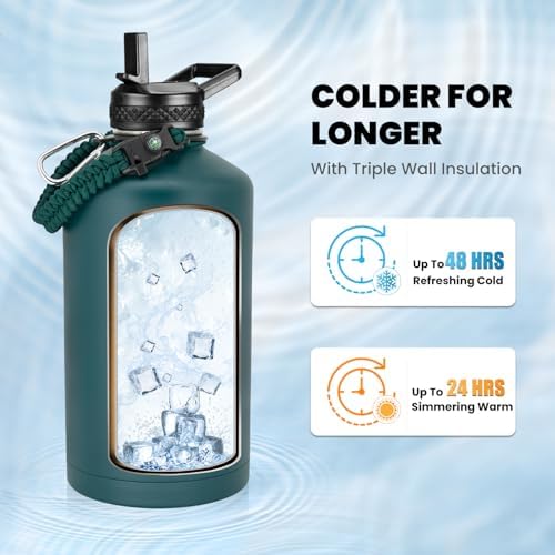 One Gallon Water Bottle Insulated, Triple Walled Vacuum Stainless Steel (Cold for 48 Hrs), Leak Proof & Non-BPA, Large Water Flask Jug with Paracord Handle & Straw Spout Lids