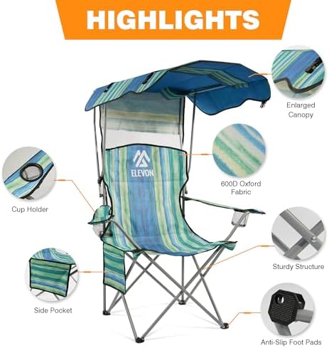 Camping Chair, Oversized Folding Chair with Canopy, Portable Outdoor Chair with Arms, Cup Holder and Carry Bag for Camping, Fishing, Beach, and Sports, Multi-Color