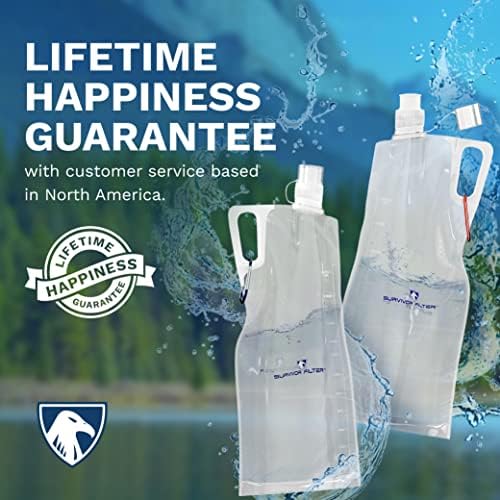 Survivor Filter Collapsible Water Bottles, Canteens (32oz) 2 Pack (2L Total) - Durable Carabiners and Handles. Squeeze Water Through a Filter or Use as Water Bottles