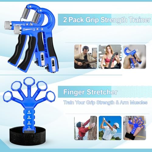 Grip Strength Trainer(5 Pack) with Finger Exerciser, Hand Grip Strengthener, Finger Stretcher,Grip Ring & Stress Relief Ball for Muscle Building and Injury Recover with Carry Bag