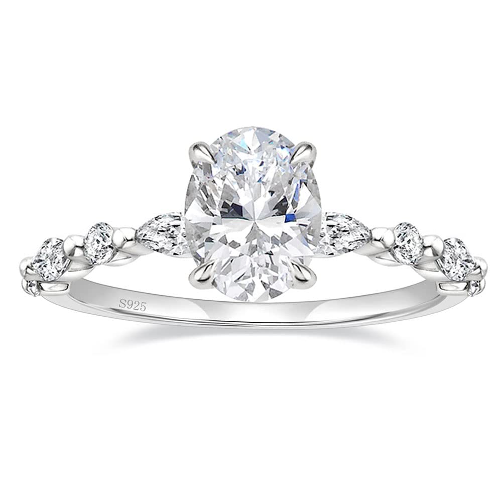 EAMTI 3 Carats 925 Sterling Silver Ring Oval Cut Cubic Zirconia Engagement Solitaire Marquise Promise Ring for Women Size 6.5