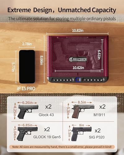 BILLCONCH Gun Safe for Handgun - Biometric Gun Safe 4 Ways Quick Access with Fingerprint/Full-digital Keypad/Key/APP Lock Handgun Pistol Safe for Nightstand Bedside Home - Burgundy Red