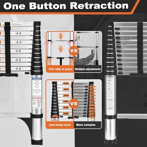 Soctone Telescoping Ladder, 12.5 FT Aluminum Button Retraction Extension Ladder with 2 Triangle Stabilizers, Multi-Purpose Ladder with Slow Down Design, 330lbs Max Capacity for House Daily Life