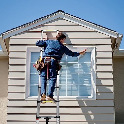 BOCOM 14.5 FT Aluminum Telescoping Ladder, Lightweight Multi-Purpose Collapsible Extension with 2 Triangle Stabilizers, Heavy Duty 330 lbs Max Capacity, Ideal for Home, RV, and Outdoor Work Silver