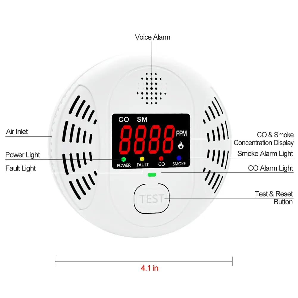 High Definition Color Screen Detector LCD Powered by Carbon Monoxide Detector and Smoke Alarm Battery (excluding Battery) (Large Screen, 4Pack-CO&Smoke)