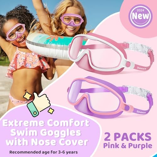 Vvinca 2 Pcs Kids-Swim-Goggles with Nose Cover, Swimming Diving Mask Wide View Anti Fog UV Anti Shattered Lens for Kids 3-6