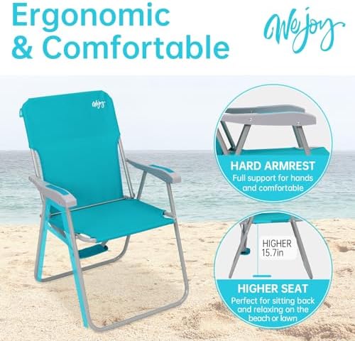 #WEJOY Folding Beach Chair for Adults, Lightweight Beach Chair with Shoulder Straps, High Back Beach Chairs with Hard Armrest, Supports 300lbs for Beach Lawn Concert