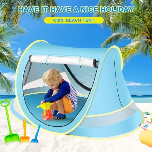 Baby Beach Tent with Baby Hat, Pop Up Toddler Travel Tent with Sun Hat for Boys or Girls, Sun Shade for Toddler Camping, Infant Portable Sun Shade, Summer Beach Baby (Blue Baby Tent with Hat)