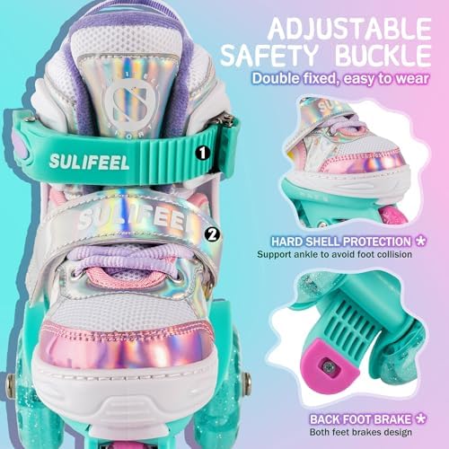 SULIFEEL Rainbow Unicorn 4 Size Adjustable Light up Roller Skates for Girls Boys for Kids