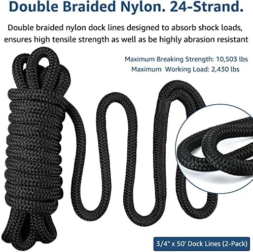 Dock Lines: 3/4" x 50' Double Braided Nylon Boat Dock Lines - Premium Boat Ropes for Secure Docking with 18" Loop - Marine Grade Boat Rope/Dock Line, Sturdy Mooring Marine Rope - 2 Pack
