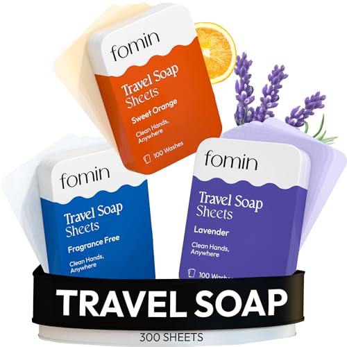 FOMIN - Antibacterial Paper Soap Sheets Tin for Traveling - (300 Sheets) Variety Pack (Unscented, Orange, Lavender) Portable Travel Hand Soap Sheet, Dissolvable Mini Camping Hand Soap for Hand Washing