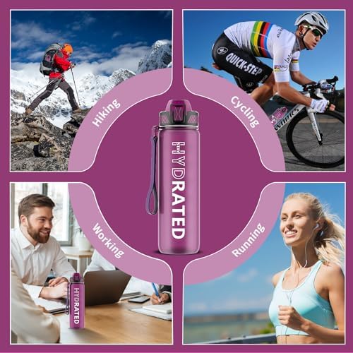 Water Bottle with Straw, 32oz Motivational Water Bottles with Time Marker to Drink, Tritan BPA Free, 1L Sports Water Bottle with Carry Strap LeakProof for Women Gym Fitness Outdoor (1 Pack)