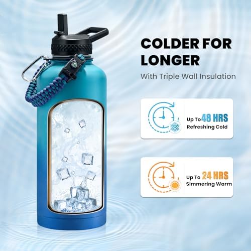 Insulated Water Bottle 87 oz, Triple Wall Vacuum Stainless Steel (Cold for 48 Hrs), Leak Proof & Non-BPA, Modern Water Flask Jug with Paracord Handle & Straw Spout Lids, Cyan Blue