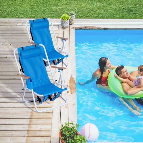 Outvita Folding Beach Chair Adjustable Headrest w/4 Flexible Tilt Angle, Cup Holder Portable High Strength Cleanable Fabric, for Sand Camping Lawn Concert Travel Festival