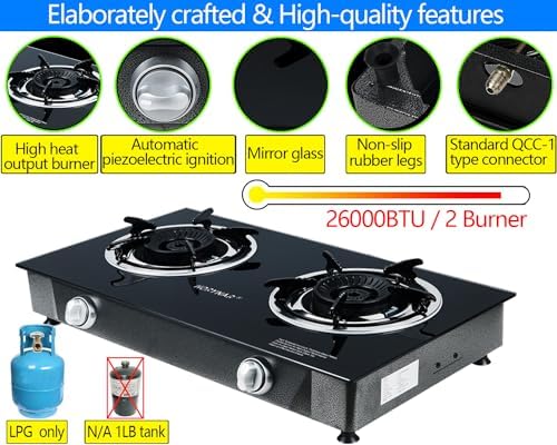 Propane Stove 2 Burner Gas Stove Auto Ignition 26000 BTU Tempered Glass Propane Burner LPG with CSA Hose for Outdoor Cooking, Emergency