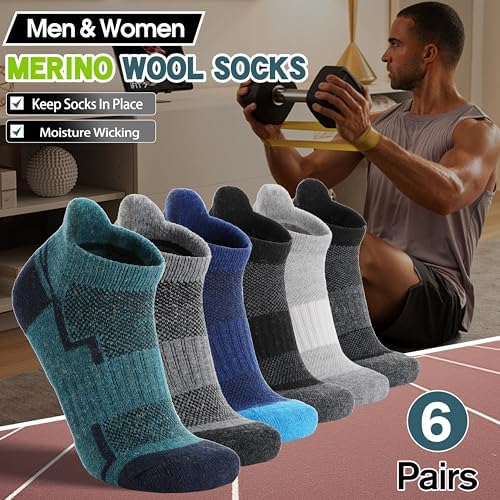 6 Pairs Merino Wool Ankle Hiking Running Socks Compression Support Thick Athletic Low Cut Socks for Women Men