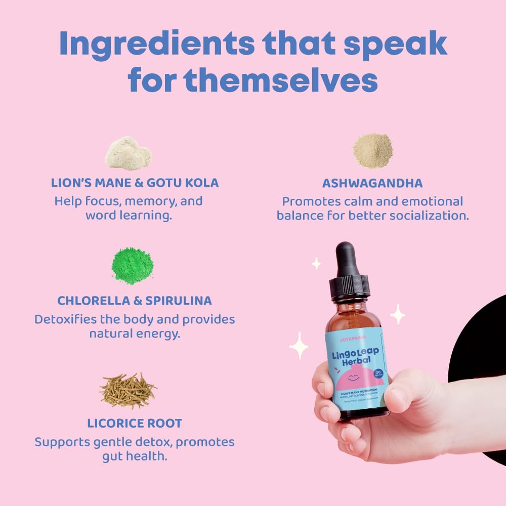 JoySpring Lions Mane for Kids | Speech Delay Supplement for Kids & Toddlers | Lion’s Mane Mushroom, Gotu Kola & Ashwagandha for Speech Therapy & Cognitive Support – Easy-Take Liquid | LingoLeap Herbal