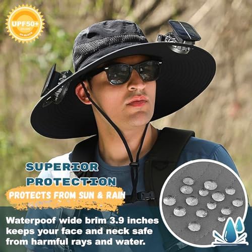 Outdoor Wide Brim Sun Hat with 2 Solar Fan Sun Bucket Hat for Men Women UPF 50+ Bucket Fishing & Beach Hat with Fan Built in
