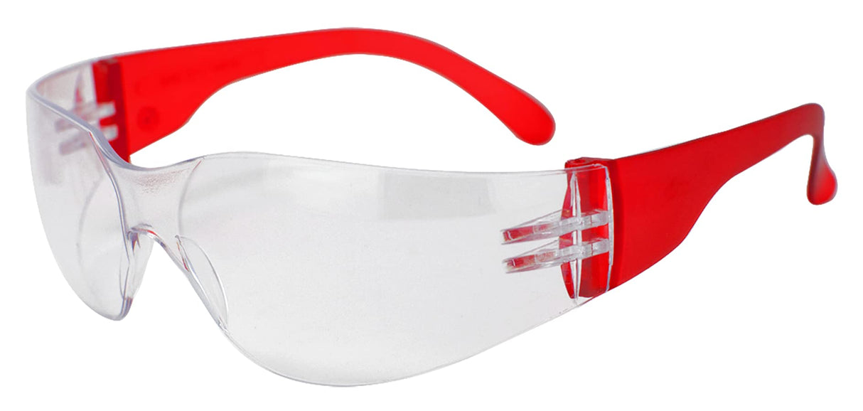 BISON LIFE Clear Lens Red Temple Protective Safety Glasses - Case of 144 Pairs Red Eyewear, Polycarbonate Impact Resistant Lens
