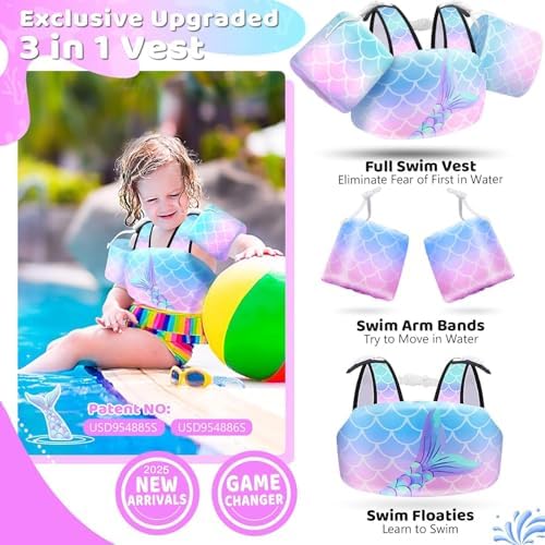 Vvinca Separable Toddler Swim Vest Fit 22-66 Lbs(1-6 Years)|2025 Newest 3 in 1 Pool Float & Arm Bands Boys and Girls, Adjustable Sturdy Safety for Infant 1 2 3 4 5 6 Year