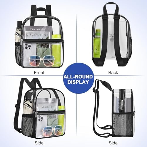 Clear Backpack Stadium Approved 12×12×6 Clear Mini Backpack Small Transparent Backpack for Concert, Beach, Work, Travel & Sporting(Black)