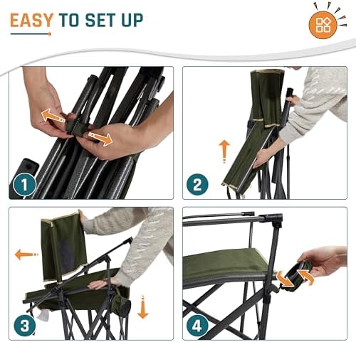 Heavy Duty Folding Camping Chair for Adults Oversized Camping Chairs Steel Frame Support 400 lbs, Metal Arm Lawn Chairs with Swivel Cup Holder, Hollow Backrest, Extra Large Outdoor Chairs, Green