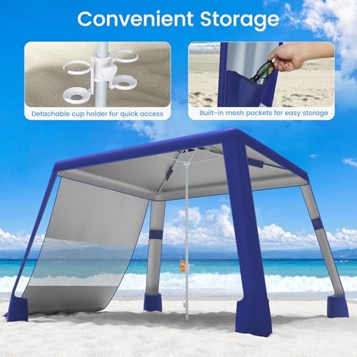 MoKo Beach Cabana, 8'×8' Large Beach Canopy with Side Wall, UPF 50+ Protection Easy Setup Beach Tent Sun Shelter, Adjustable Height Wind Resistant Cabana Beach Tent for Whole Family, Navy Blue