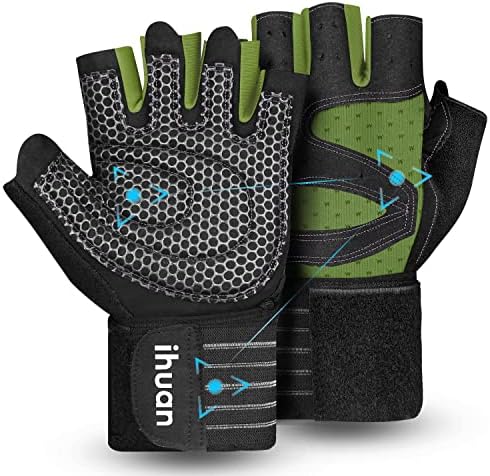 ihuan Ventilated Weight Lifting Gym Workout Gloves with Wrist Wrap Support for Men & Women, Full Palm Protection, for Weightlifting, Training, Fitness, Hanging, Pull ups
