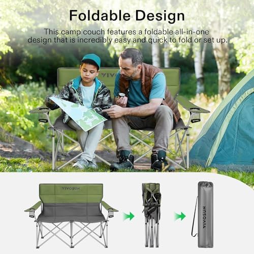 VIVOSUN Double Camping Chair, Fully Padded Folding Loveseat, Portable Oversized Duo Chair with Storage Cup Holders, Height-Adjustable Armrests & Carry Bag, Supports up to 500lbs, Green & Grey