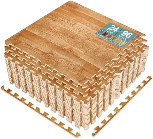 Sorbus 48Sq. Ft. Wood Grain Floor Tiles Foam Mat EVA Interlocking Mats Tile 3/8-Inch Thick Flooring Wood Puzzle Exercise Mats w/Borders - Home Playroom Basement, Apartment, Trade Show, Baby, Dance