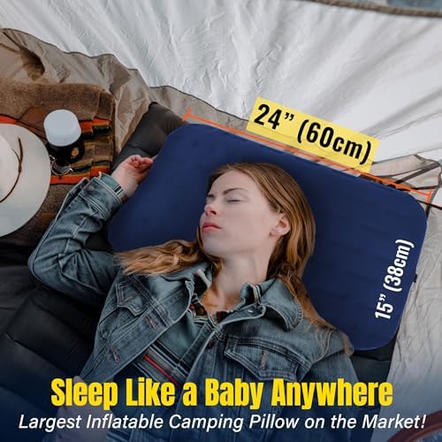 TREKOLOGY Camping Pillow - Large Inflatable (24"x15") for Home-Like Comfort, Portable & Ergonomic, Easy to Clean, Durable & Leak-Proof, Removable Strap for Secure Fit – ALUFT Ultra (Blue)