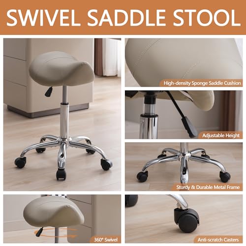 FIRAVOE Saddle Stool, Swivel Saddle Stool with Wheels, Adjustable Rolling Stool 18"-26", Faux Leather Rolling Stool for Salon, Massage, Clinic, Lab, Office (Light Grey, 1PCS (18"-26"))